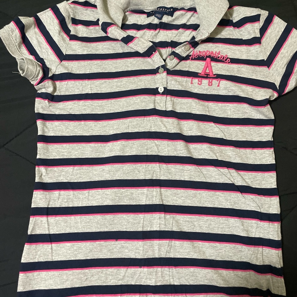 Aeropostale women Striped Polo Shirt - Gray, Pink, and Blue